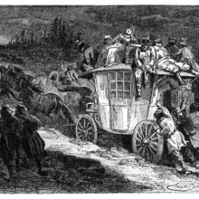 A handful of men are seen pushing a crowded stagecoach with passengers sitting on the roof.