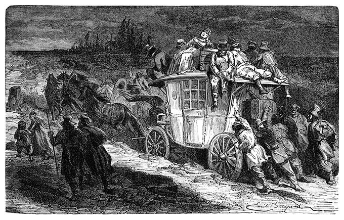 A handful of men are seen pushing a crowded stagecoach with passengers sitting on the roof.