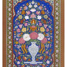 Stylized vase overflowing with flowers surrounded by patterned borders, from painted lacquer work