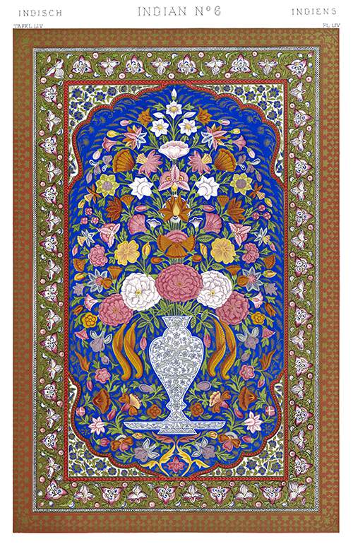 Stylized vase overflowing with flowers surrounded by patterned borders, from painted lacquer work
