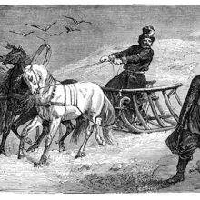 The driver of a sleigh drawn by three horses stops by a wary man hiding a knife behind his back.