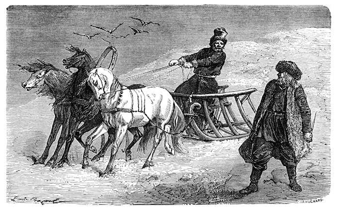 The driver of a sleigh drawn by three horses stops by a wary man hiding a knife behind his back.