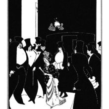 An elderly woman has stepped out of a cab and is walking between tall figures in evening dress