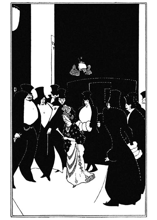 An elderly woman has stepped out of a cab and is walking between tall figures in evening dress