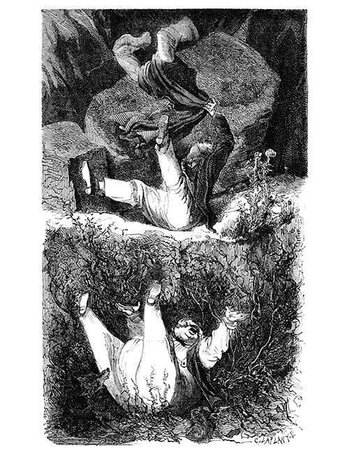 Two men are falling backwards in the same helpless posture from a rocky escarpment