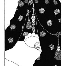 Self-portrait showing Aubrey Beardsley tucked beneath the sheets of a monumental bed