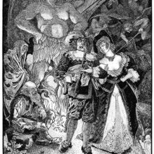 A couple walk toward a cliff edge, looking self-important, as the devil laughs behind them