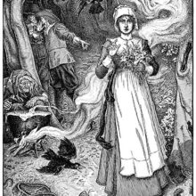 A young woman with a bunch of flowers walks a path in the woods surrounded by hostile figures