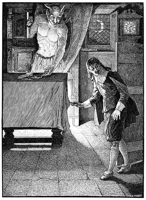 A man stealthily enters a room as a devilish figure standing by a cabinet lays money on a table