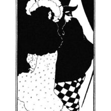 A woman in a spectacular hat and a masked figure are looking through half-closed curtains