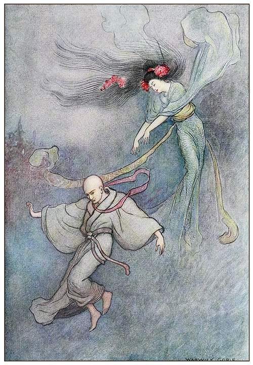 A woman is gracefully floating in mid-air as she gestures toward a man running away from her