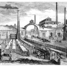 Courtyard of the Cusinberche candle factory with workers and carriages coming and going