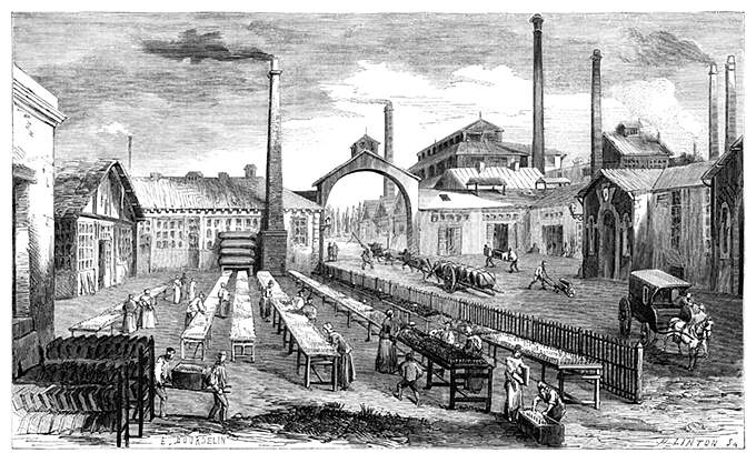 Courtyard of the Cusinberche candle factory with workers and carriages coming and going