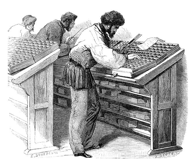 A compositor is leaning over the lower case with a composing stick in his left hand