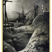 View of a ruined city showing remains of metal structures, hanging wires, and skeletons