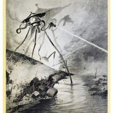 A tall robot-like creature shoots a ray gun across a river where a steamboat leans to one side