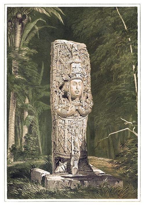 View of a Mayan stone idol standing against a background of woodland