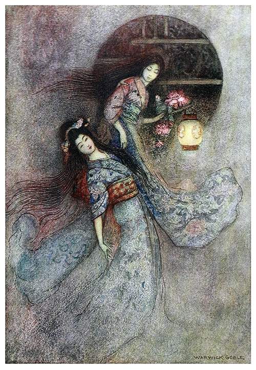 Two female figures wearing kimonos look like they're on their way out of a circular window