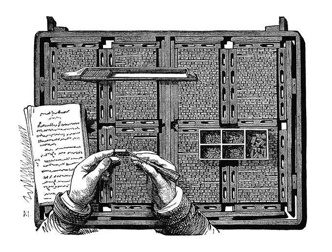 A multipage form is being corrected by a compositor using tweezers