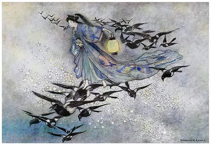 A woman travels through a starry sky, riding on the backs of magpies flocking around her