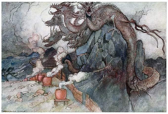 Yamata no Orochi, an eight-headed dragon, is sitting on rock above eight vats of sake