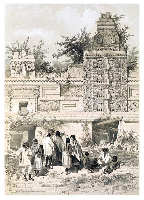 A group of people is gathered in front of a Mayan building showing elaborate decoration
