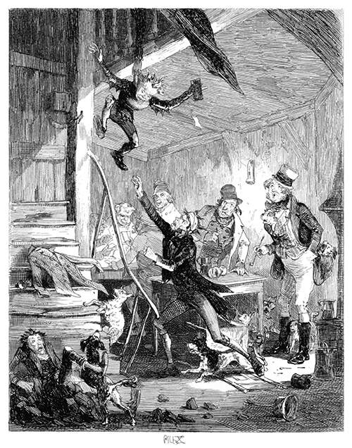 As men are playing cards or smoking in an inn, one of them is lifted up in the air by a hand