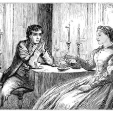 A man and a woman are sitting at a table lit by two candles about which moths are fluttering