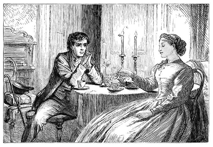A man and a woman are sitting at a table lit by two candles about which moths are fluttering