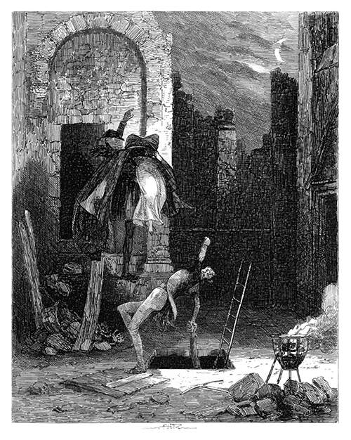 A woman is abducted by a man who carries her toward the doorway of a partly demolished building