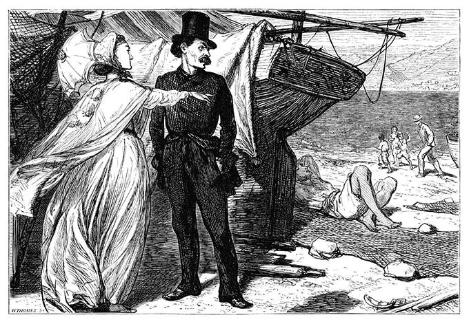 A woman points her finger while having a conversation with a man near a boat sitting on the sand