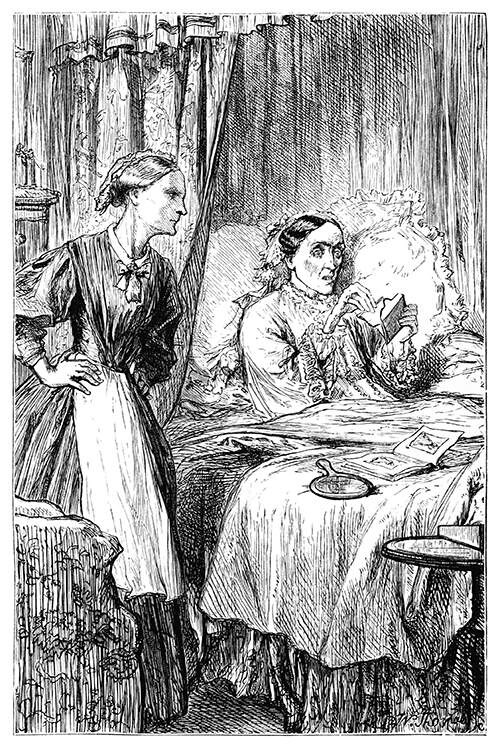 A woman sitting in her bed eagerly opens a letter while her nurse waits at her side