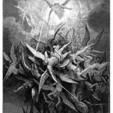 A winged figure armed with a sword sends panic and disarray among a clutter of rebel angels