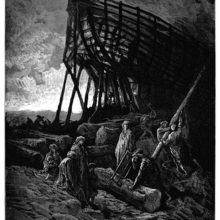 Men are working at the construction of a ship whose structure is silhouetted against the sky