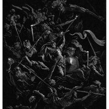Dramatic figures carrying standards and weapons seem to be caught in a whirl in the darkness