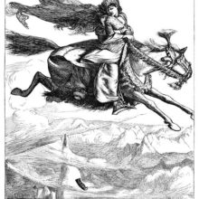 A man rides a horse galloping in the sky, high above the mountain tops, with a woman behind him