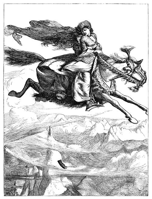 A man rides a horse galloping in the sky, high above the mountain tops, with a woman behind him