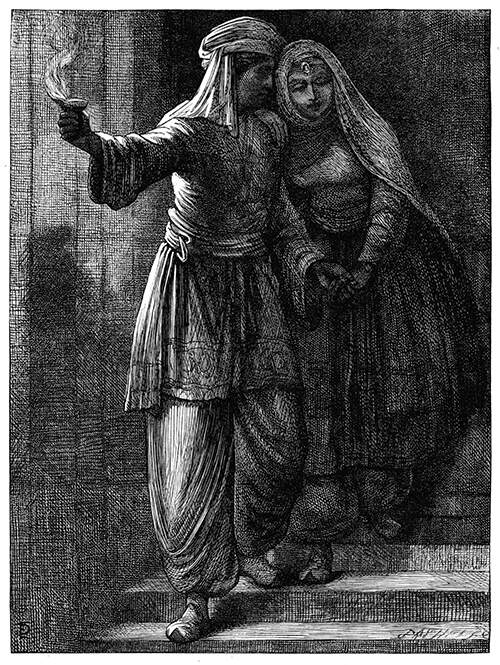 A man holds a woman by the hand and lights the way as they walk down a flight of stairs