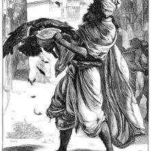 A man carrying a piece of meat across a street is attacked by a large bird