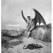 A winged creature is sitting on grassy bank, giving a snake lying on the ground an intense look