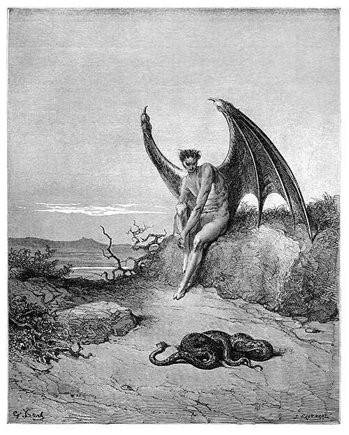 A winged creature is sitting on grassy bank, giving a snake lying on the ground an intense look