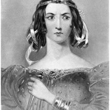 Depiction of Lady Macbeth holding a bloody dagger with a fierce expression