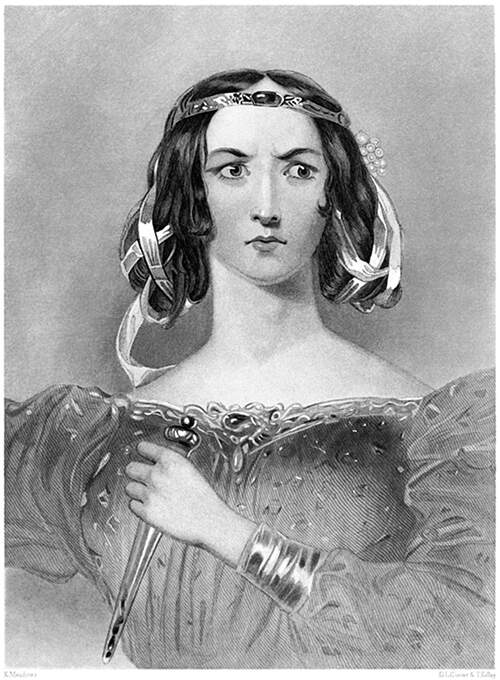 Depiction of Lady Macbeth holding a bloody dagger with a fierce expression