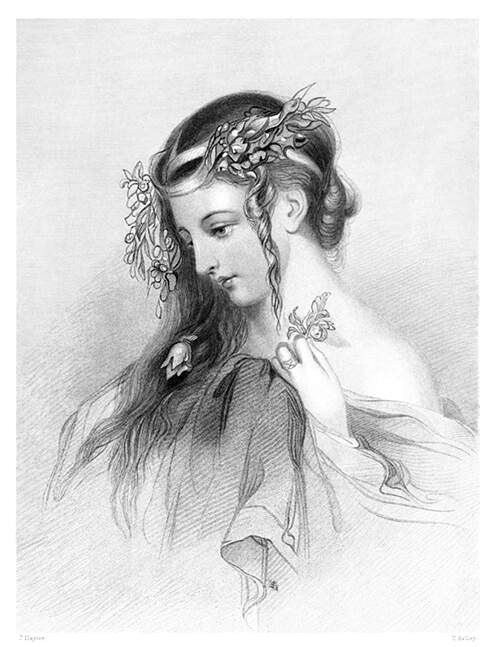 Depiction of Ophelia, a noblewoman of Denmark betrothed to Hamlet, in Shakespeare's eponymous play