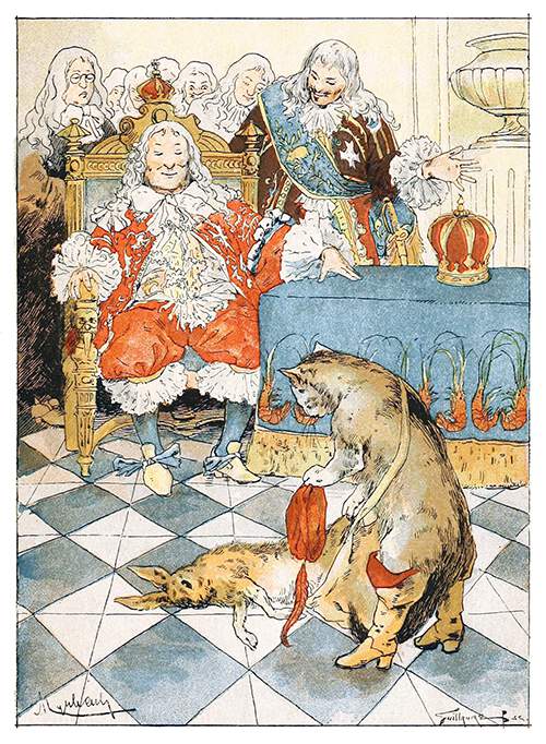 A king is sitting in a chair as Puss in Boots pulls a dead rabbit out of a bag and bows before him