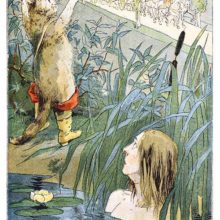 Puss stands on the bank of a pond where his owner is bathing and gestures toward a carriage