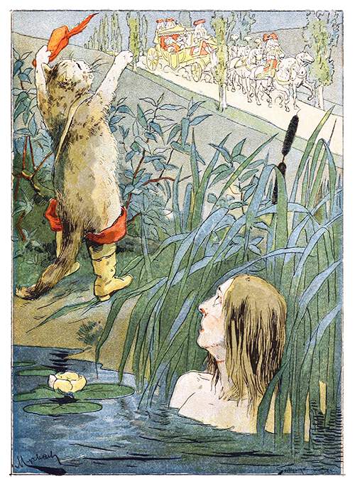 Puss stands on the bank of a pond where his owner is bathing and gestures toward a carriage