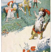 Puss in Boots walks by some reapers in a meadow and gives them instructions to follow, or else