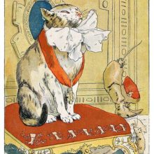 Puss in Boots sits dignified on a cushioned stool, wearing a medal and a puffy white bow