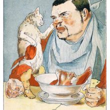 Puss in Boots mellows out the ogre who is sitting before a bowl full of raw meat